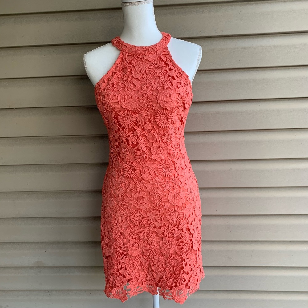 •Lulu’s• Love Poem Coral Lace Mini Dress-Size Med.